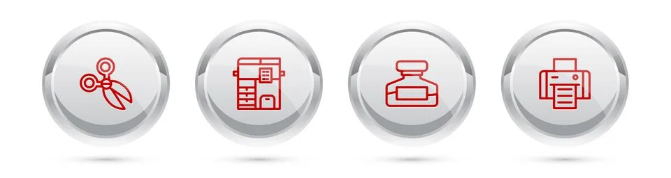 Set line Scissors, Copy machine, Ink bottle and Printer. Silver circle button Illustrazione stock
