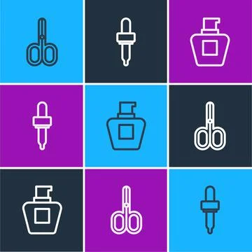 Set line Scissors, Cream lotion cosmetic tube and Pipette icon. Vector Stock Illustration