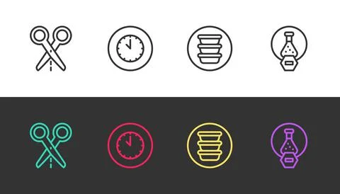 Set line Scissors with cut line, Clock, Bowl and Test tube and flask on black 库存插图