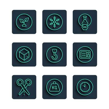 Set line Scissors with cut line, Weight, Clock, Test tube and flask, Industrial Illustrazione stock