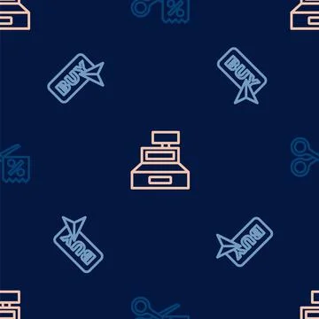 Set line Scissors cuts discount coupon, Buy button and Cash register machine on Stock Illustration