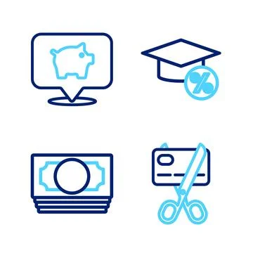 Set line Scissors cutting a credit card, Stacks paper money cash, Graduatio.. Stock Illustration