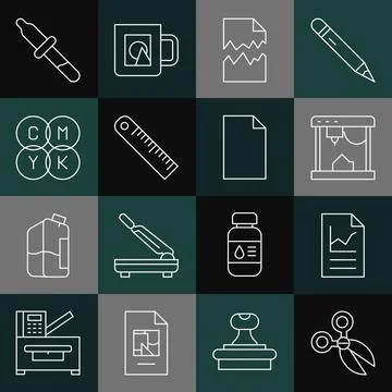 Set line Scissors, Document with graph chart, 3D printer, Torn document, Ruler Stock Illustration