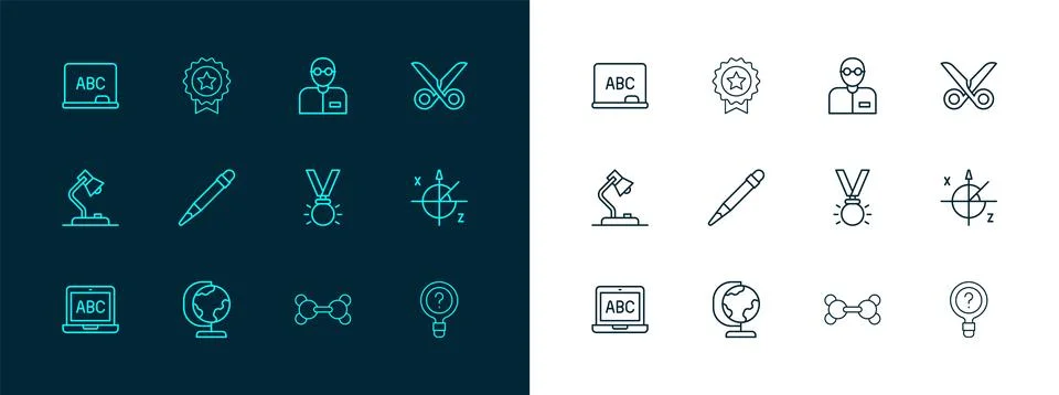 Set line Scissors, Earth globe, Medal, Molecule, Pencil with eraser, Teache.. Stock Illustration