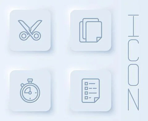 Set line Scissors, File document, Stopwatch and Clipboard with checklist. White イラスト素材