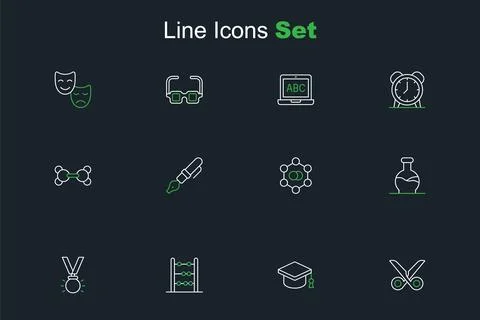 Set line Scissors, Graduation cap, Abacus, Medal, Test tube, Molecule, Foun.. Illustrazione stock