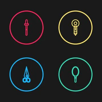 Set line Scissors, Hand mirror, Hair dryer and Pipette icon. Vector Illustrazione stock
