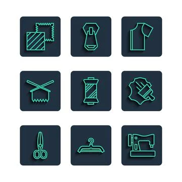 Set line Scissors, Hanger wardrobe, Sewing machine, pattern, thread on spool Stock Illustration