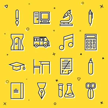 Set line Scissors, Marker pen, Calculator, Microscope, School Bus, Pencil Illustrazione stock