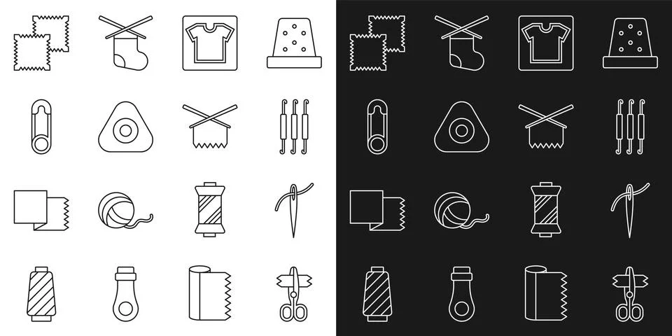 Set line Scissors, Needle with thread, Crochet hook, Sewing pattern, chalk Illustrazione stock