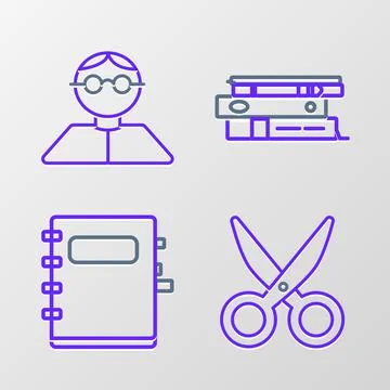 Set line Scissors, Notebook, Office folders with papers and documents and S.. Stock Illustration