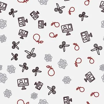 Set line Scissors, Online class, Atom and Pear on seamless pattern. Vector Stock Illustration