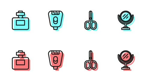 Set line Scissors, Perfume, Epilator and Round makeup mirror icon. Vector Illustration