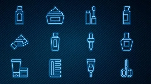 Set line Scissors, Perfume, Mascara brush, Bottle of shampoo, Cream lotion Stock-Illustration