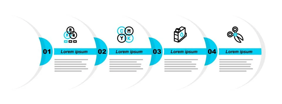 Set line Scissors, Printer ink cartridge, CMYK color mixing and RGB icon. V.. Stock Illustration