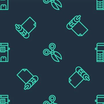 Set line Scissors, Roll of paper and Copy machine on seamless pattern. Vector Stockillustratie