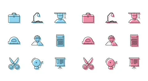 Set line Scissors, schedule, chart, diagram, infographic, pie graph, Student Stock-Illustration