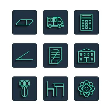 Set line Scissors, School table and chair, Atom, Calculator, Exam paper with Illustrazione stock