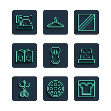 Set line Scissors, Sewing button, pattern, Textile fabric roll, Zipper, Shirt Illustrazione stock