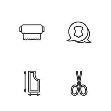 Set line Scissors, Sewing pattern, Textile fabric roll and Leather icon. Vector Stock Illustration