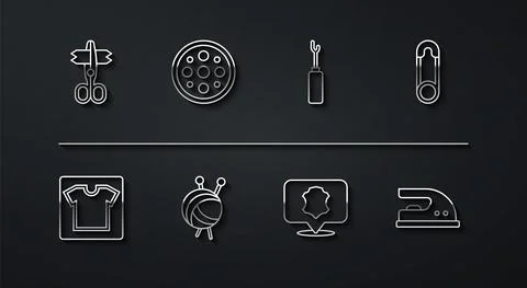 Set line Scissors, Sewing pattern, Safety pin, Leather, Yarn ball with knitting イラスト素材