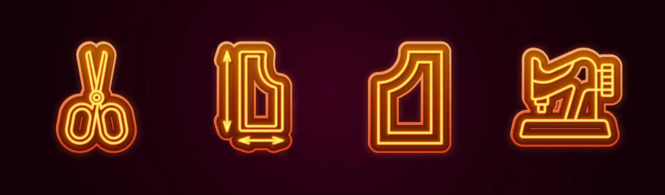 Set line Scissors, Sewing pattern, and machine. Glowing neon icon. Vector イラスト素材