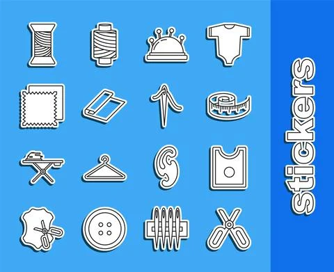 Set line Scissors, Sewing Pattern, Tape measure, Needle bed and needles, Textile Stock Illustration