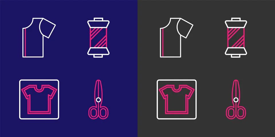 Set line Scissors, Sewing pattern, thread on spool and  icon. Vector Stock Illustration