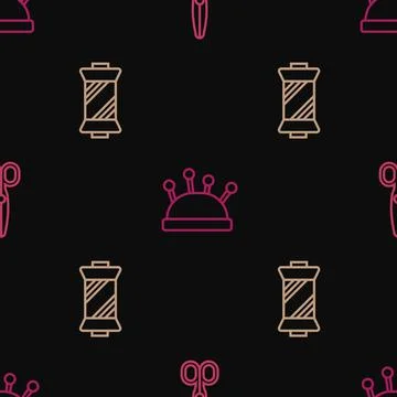 Set line Scissors, Sewing thread on spool and Needle bed and needles on seamless Stock-Illustration