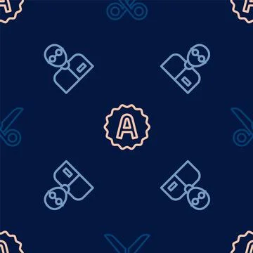 Set line Scissors, Teacher and Exam sheet with A plus grade on seamless patte Illustrazione stock