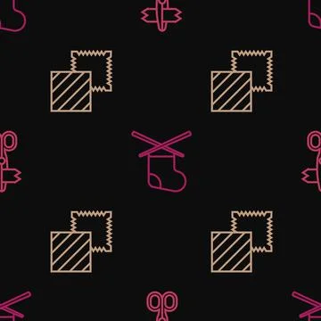 Set line Scissors, Textile fabric roll and Knitting needles on seamless pattern Illustrazione stock