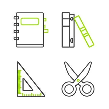 Set line Scissors, Triangular ruler, Office folders with papers and documents イラスト素材