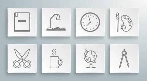 Set line Scissors, Workplace with table lamp and open book, Coffee cup, Earth Illustrazione stock