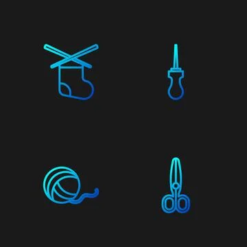 Set line Scissors, Yarn ball, Knitting needles and Awl tool. Gradient color イラスト素材