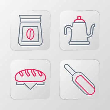 Set line Scoop flour, Bread loaf, Watering can and Bag of coffee beans icon.. Illustrazione stock