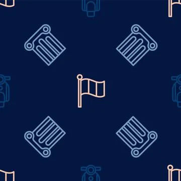 Set line Scooter, Ancient column and Flag Italy on seamless pattern. Vector Stock Illustration
