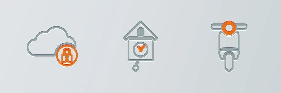 Set line Scooter, Cloud computing lock and Retro wall watch icon. Vector Stock Illustration