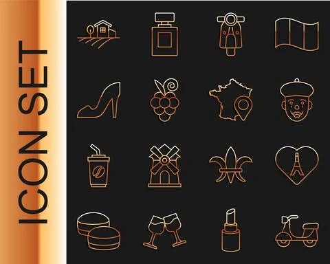 Set line Scooter, Eiffel tower with heart, French mime, Grape fruit, Woman shoe Illustrazione stock