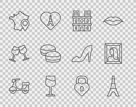 Set line Scooter, Eiffel tower, Notre Dame de Paris, Wine glass, Map of France Stock Illustration