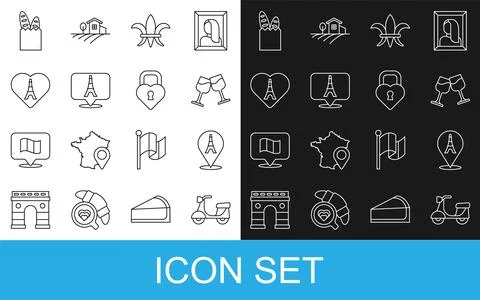 Set line Scooter, Eiffel tower, Wine glass, Fleur De Lys, with heart, Frenc.. Stockillustratie