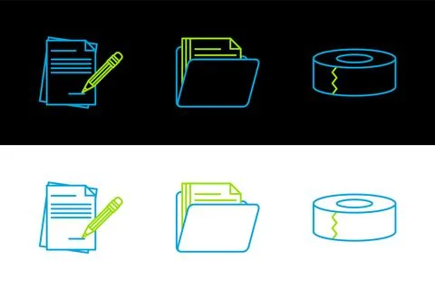Set line Scotch, Blank notebook and pencil with eraser and Document folder icon Stock Illustration