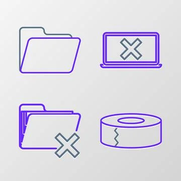 Set line Scotch, Delete folder, Laptop and cross mark on screen and Documen.. Illustrazione stock