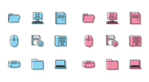 Set line Scotch, Document folder, Laptop, settings with gears, Telephone, C.. Stock Illustration