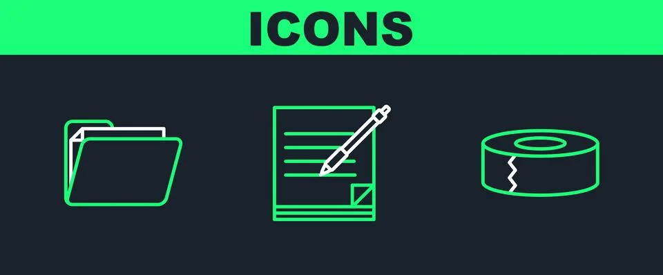 Set line Scotch, Document folder and Blank notebook and pen icon. Vector Illustrazione stock