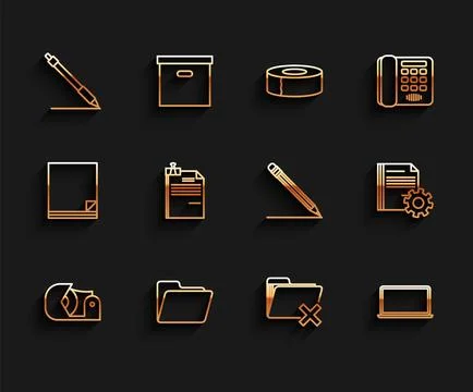 Set line Scotch, Document folder, Pen line, Delete, Laptop, File document a.. Stock Illustration