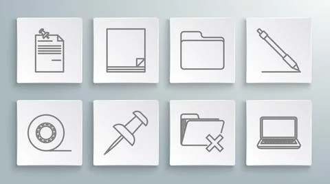 Set line Scotch, File document, Push pin, Delete folder, Laptop, Document, Pen 스톡 일러스트