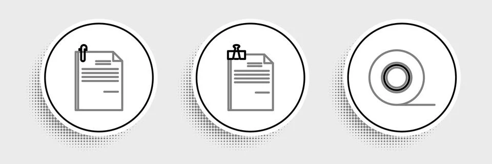 Set line Scotch, File document and paper clip and binder icon. Vector Ilustración de archivo