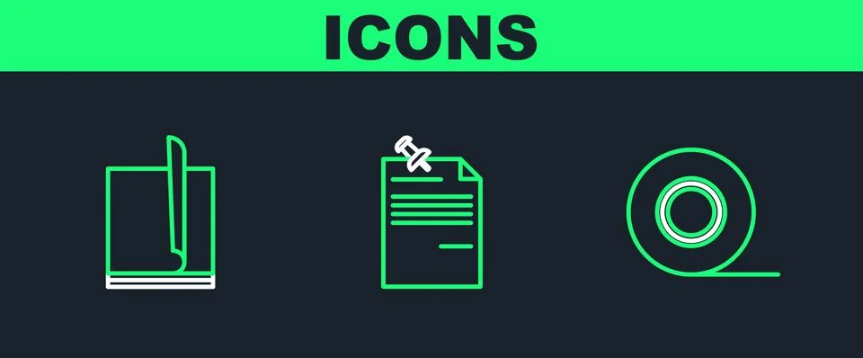 Set line Scotch, File document and Note paper with pinned pushbutton icon. .. Stock Illustration