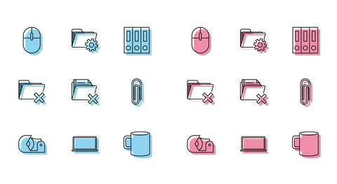 Set line Scotch, Laptop, Computer mouse, Coffee cup flat, Delete folder, Paper Illustrazione stock