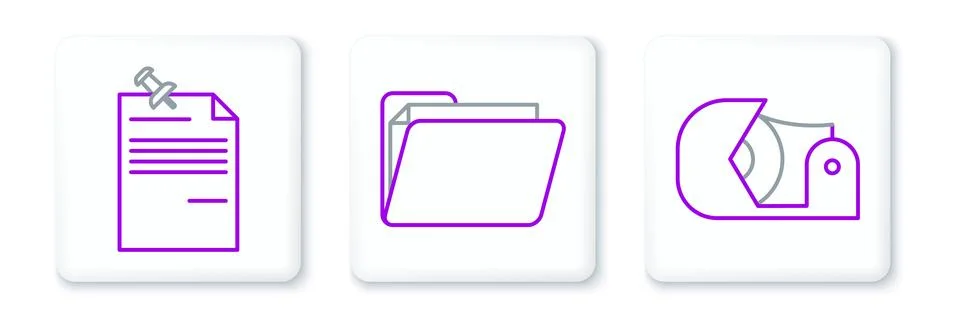 Set line Scotch, Note paper with pinned pushbutton and Document folder icon.. Illustrazione stock